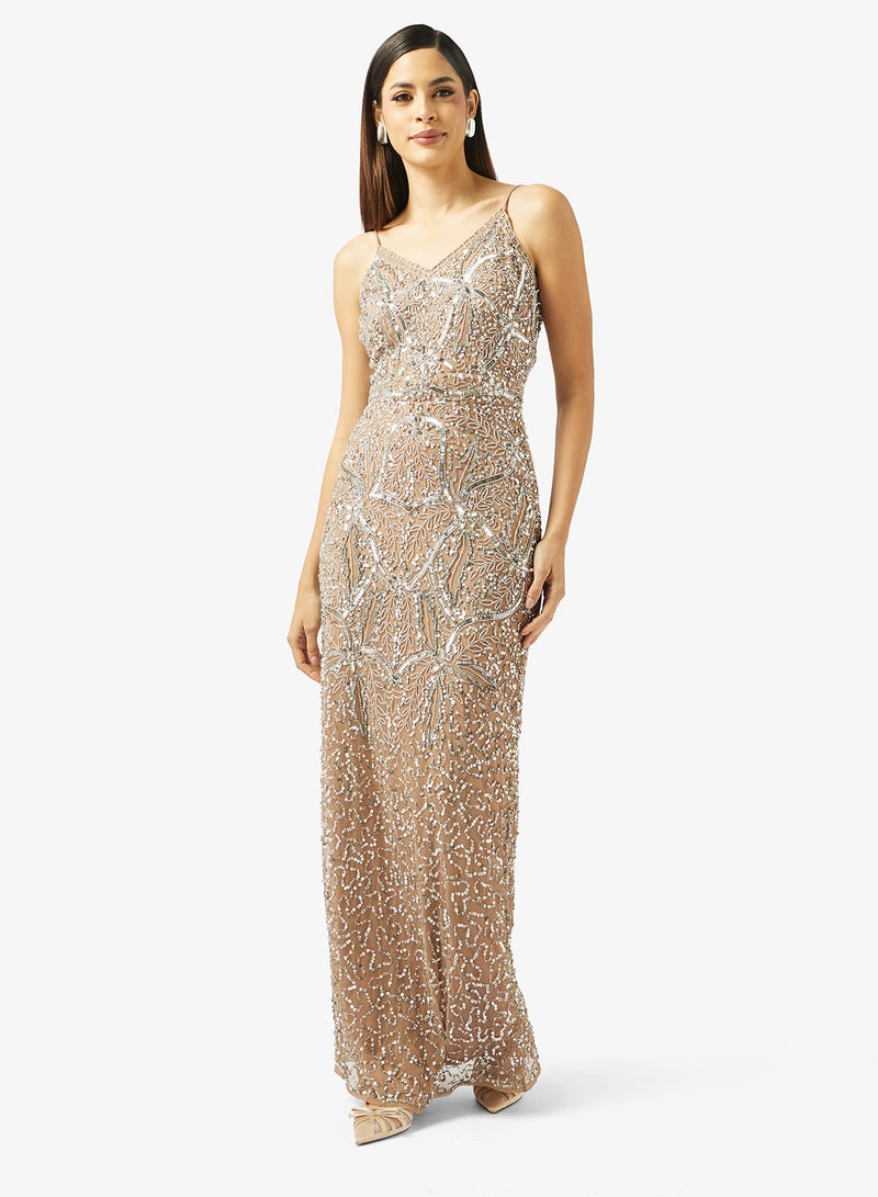 بيوت فستان ماكسي مزين بياقة على شكل حرف - Image 1